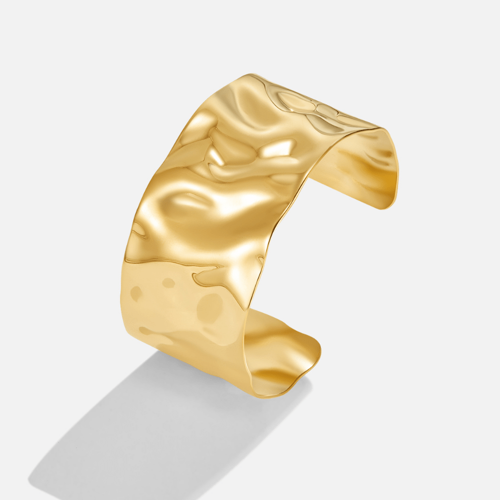 18K Gold Cuff Bracelet, wide gold cuff with a hammered, rippled surface on white