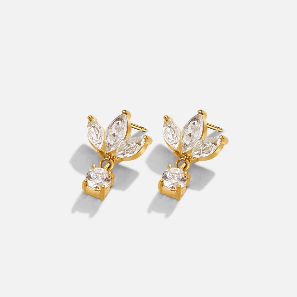 Amara White Crystal Bloom Earrings, pair of gold earrings with marquise and round white stones