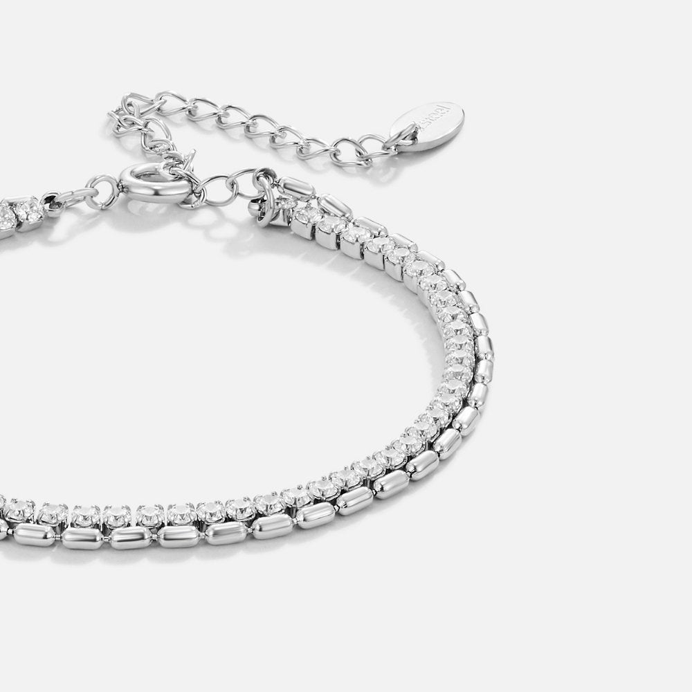 Arelia Crystal Silver Bracelet, close-up of a silver bracelet with clear stones and extender chain