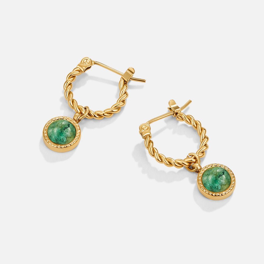 Aventurine Twisted Hoop Earrings, pair of gold twisted hoops with round green stone drops, on white