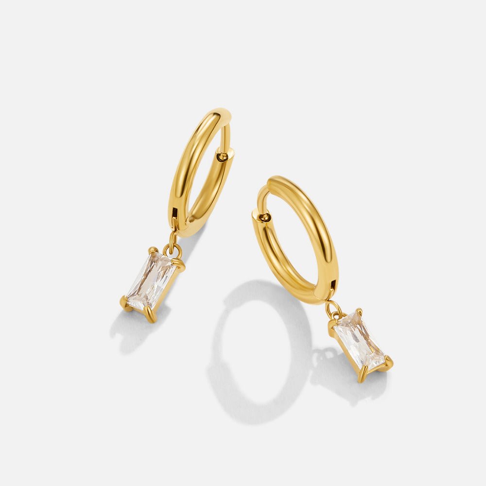 Avery White Crystal Drop Earrings, pair of gold hoop earrings with rectangular clear crystal