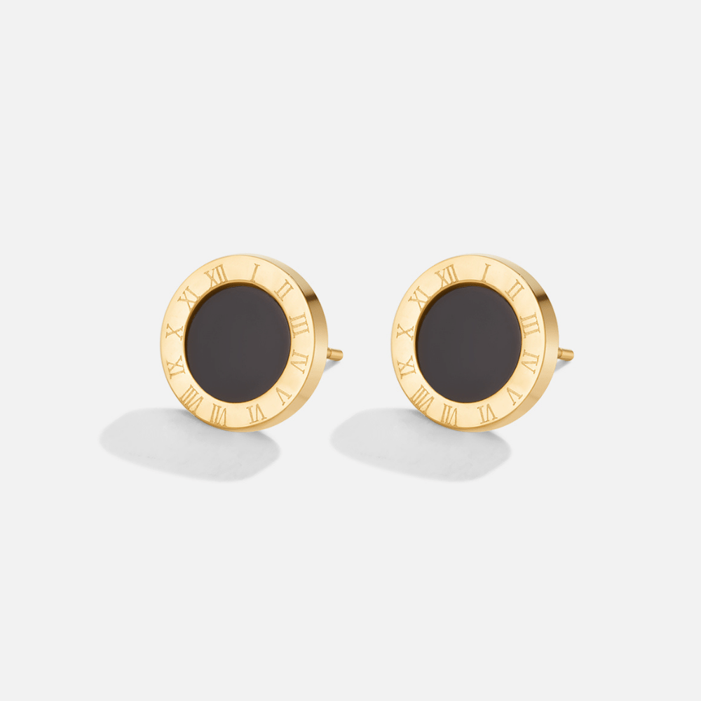 Azalea Black Button Stud Earrings, pair of gold stud earrings with black centres and Roman