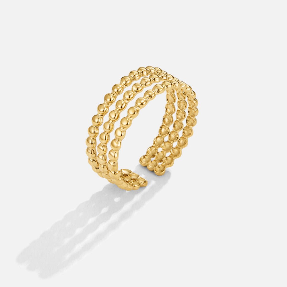 Beaded Ohio Gold Ring, open band of three rows of beads, on white background