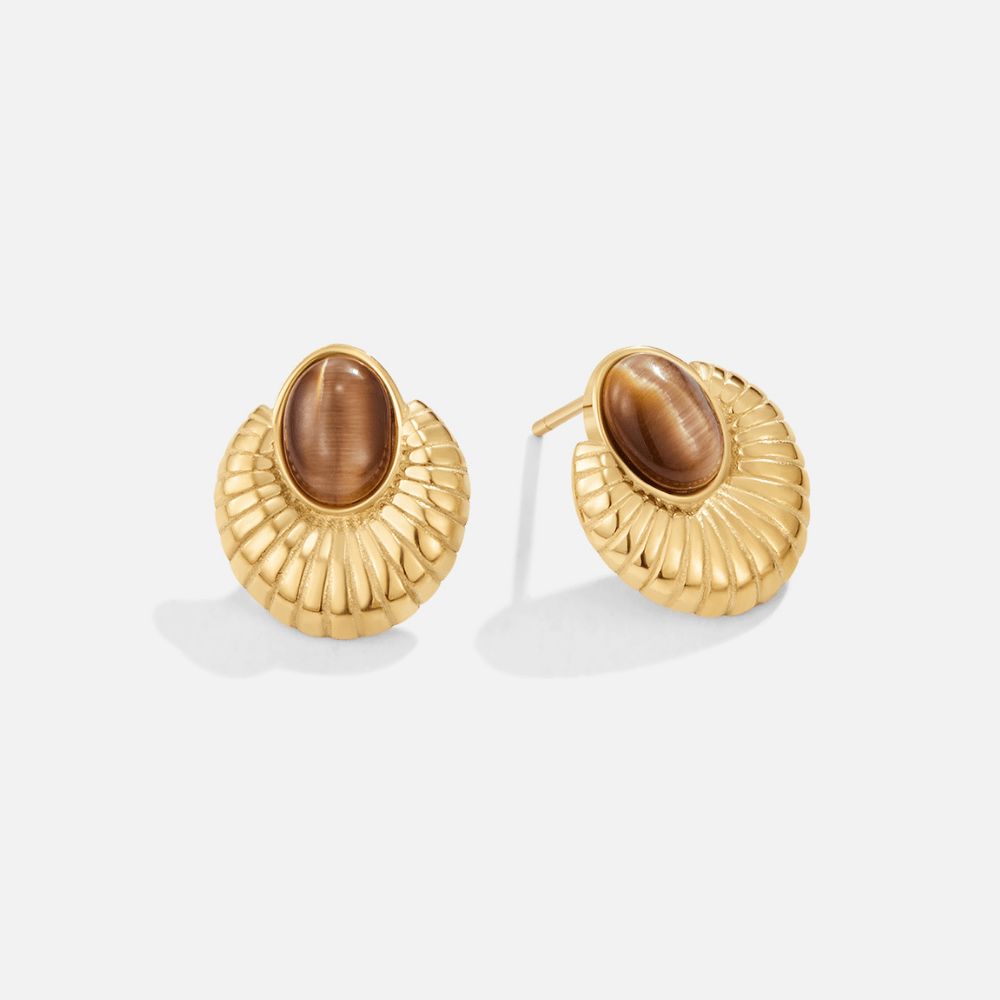 Bohemia Gold Tiger Eye Earrings, pair of gold earrings on white background, ribbed shell shape