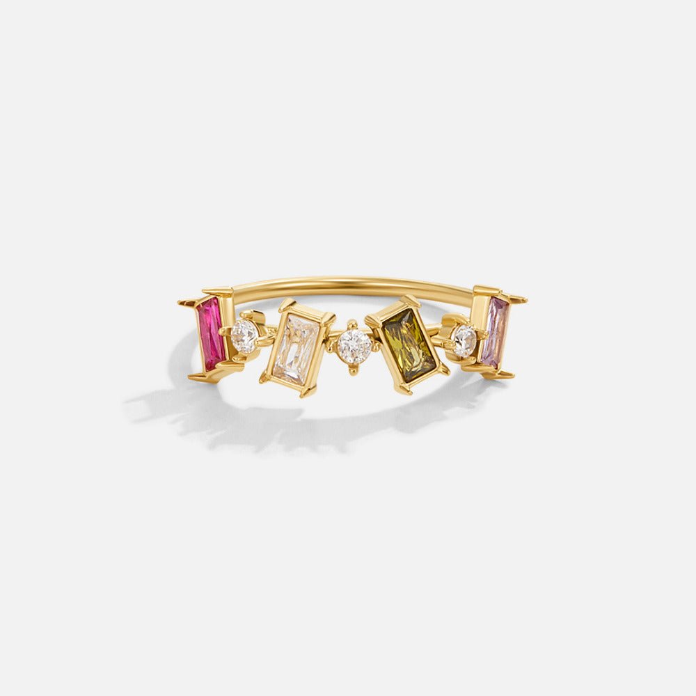 Crystal Adeline Ring, gold ring with pink, clear, green and purple stones on white