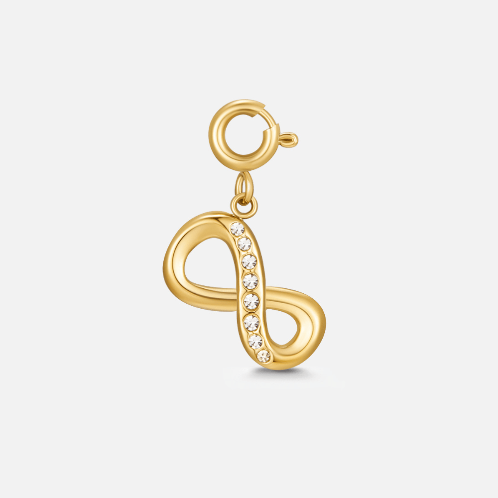 Crystal & Gold Infinity Charm, gold infinity charm with clear crystals, spring clasp on top