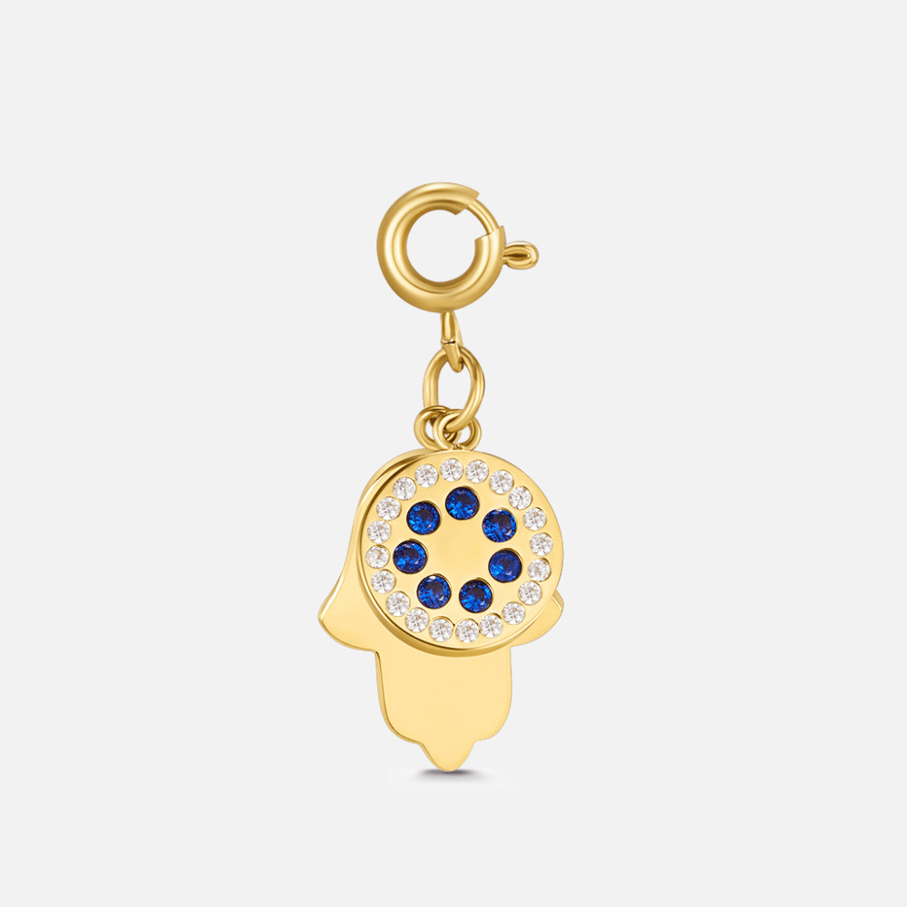 Crystal Hand Charm, gold charm on a plain light background, with blue and clear stones in a circle