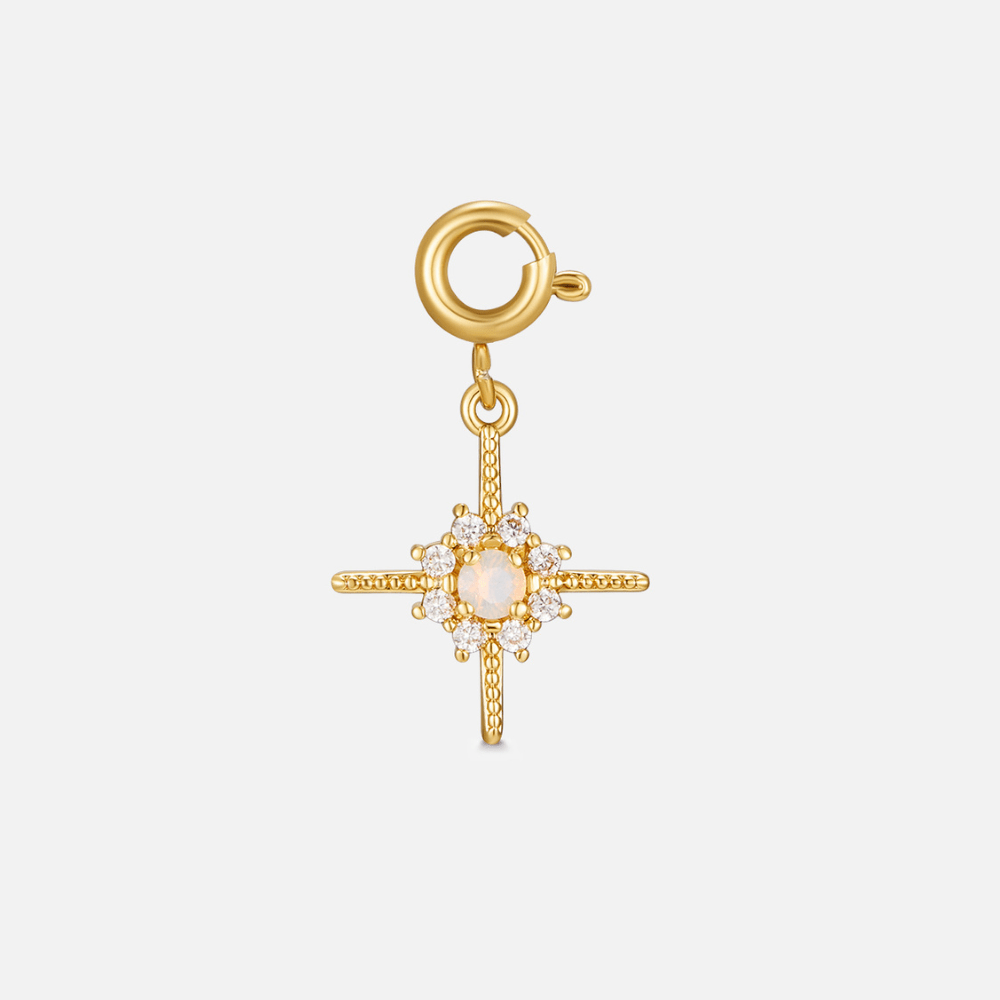 Crystal North Star Charm, charm on white background with spring clasp, opal centre and white