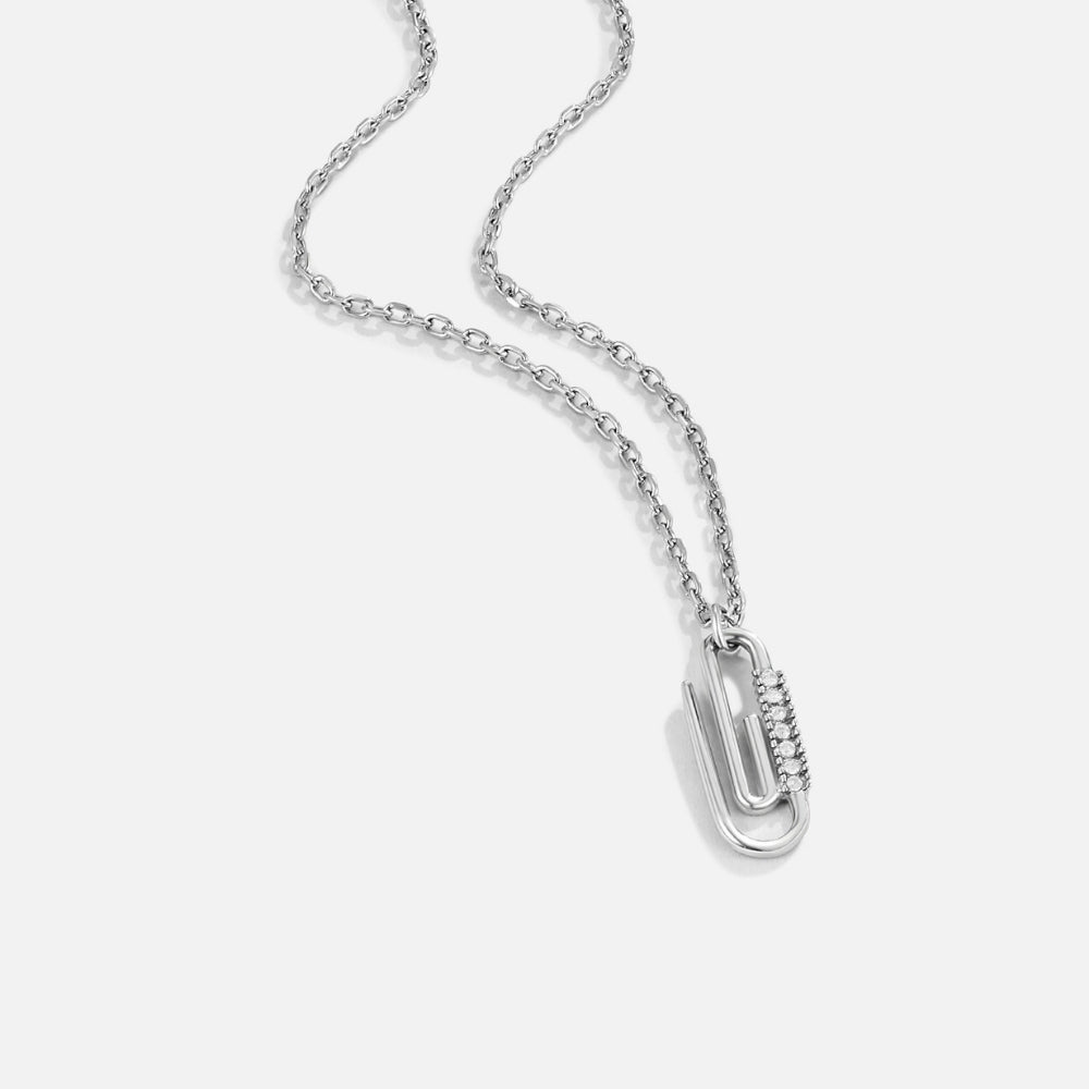 Crystal Paperclip Silver Necklace, silver chain necklace on white background, paperclip