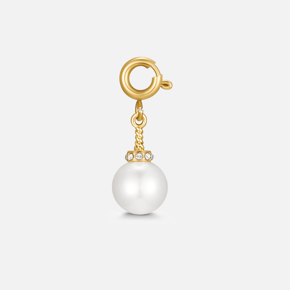 Crystal & Pearl Charm, charm on a plain background with gold clasp and white pearl drop