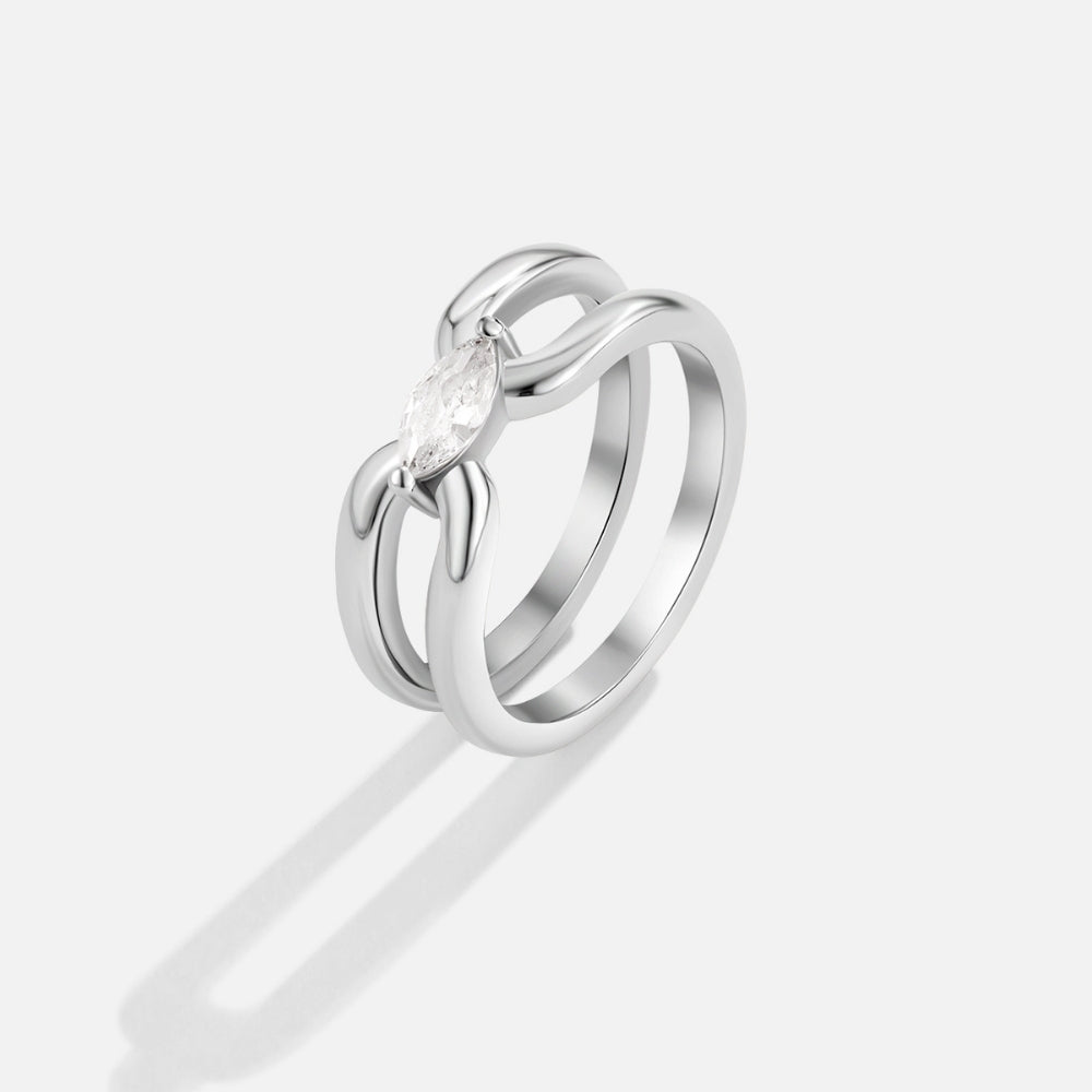 Eliza Silver Link Chain Ring, standalone silver ring on white, marquise stone at front