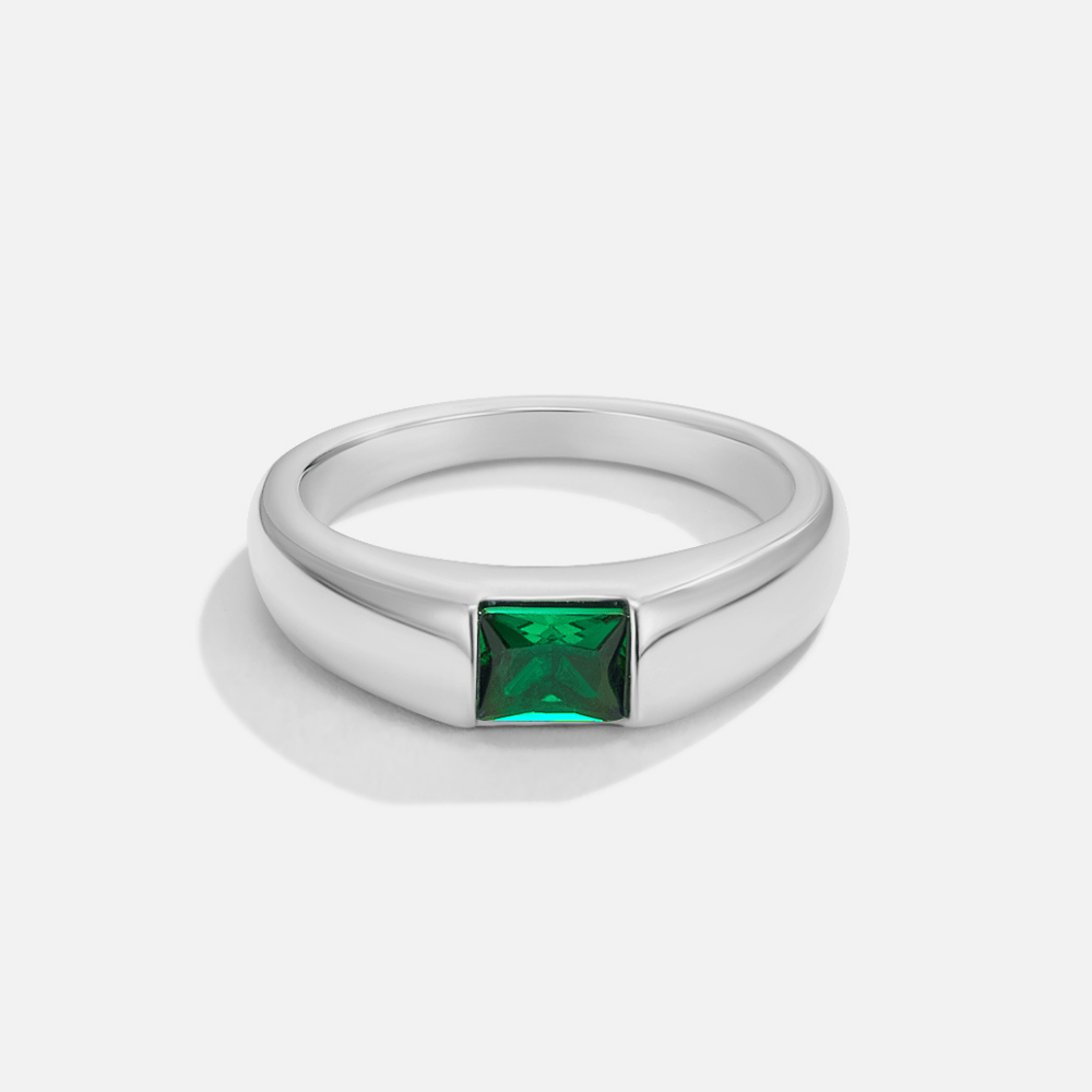 Ember Silver & Emerald Ring, silver band with a rectangular green stone, on white
