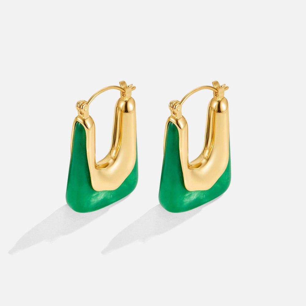 Esme Square Hoop Earrings, pair of gold hoops with green enamel inlay, on a plain background