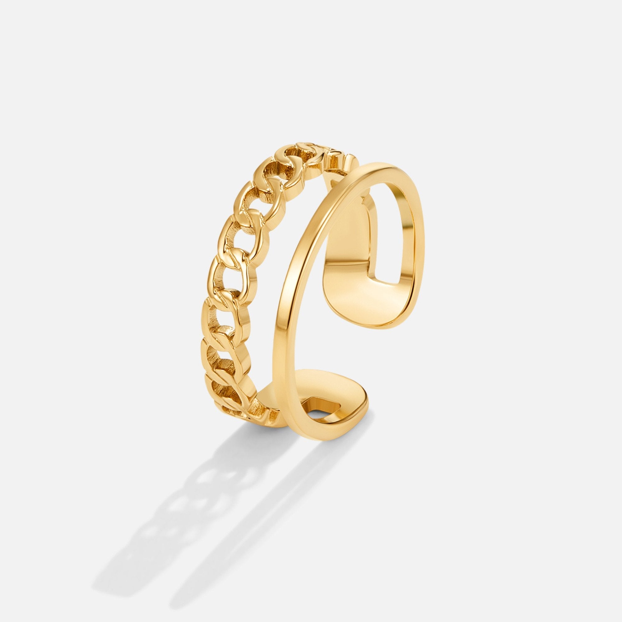 Gold Chain Layered Ring, open band ring on white background, chain link and smooth gold bands