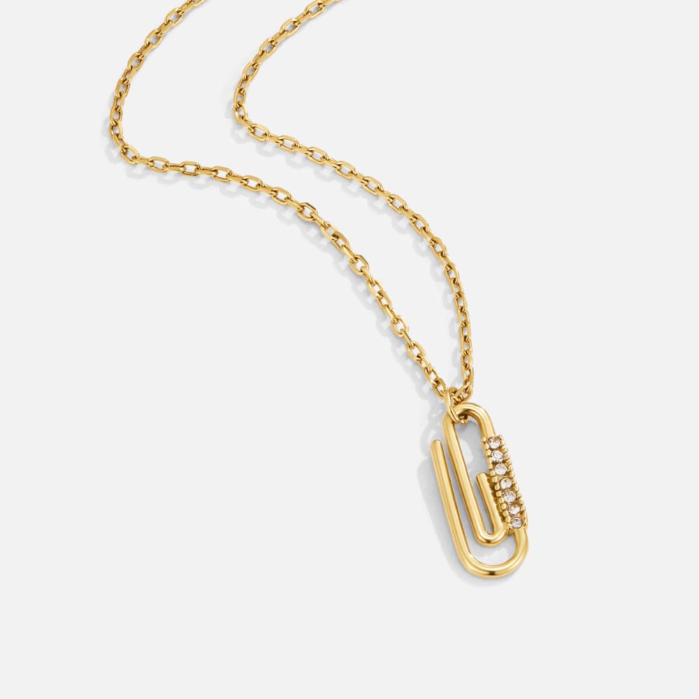 Gold Crystal Paperclip Pendant Necklace, gold chain necklace with paperclip pendant