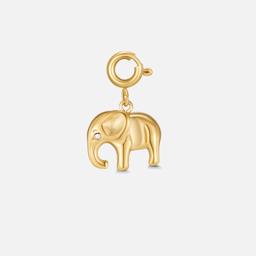Gold Elephant Charm, gold elephant charm on a spring-ring clasp, small white stone in the eye