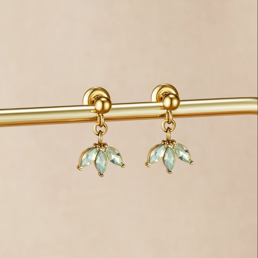 Gold Marquise Petal Drop Earrings, a pair of earrings hung on a gold bar, pale green marquise