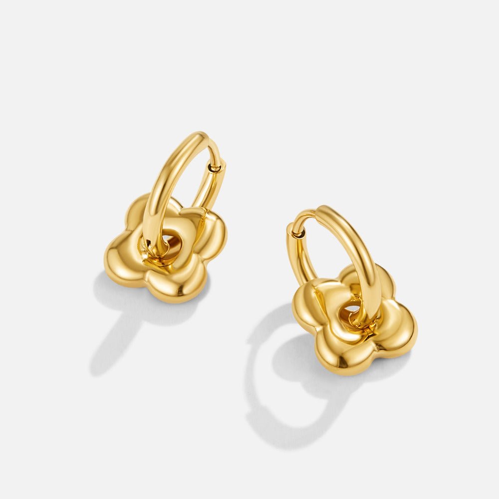 Golden Flower Puff Earrings, pair of gold hoop earrings with puffy flower charms on white