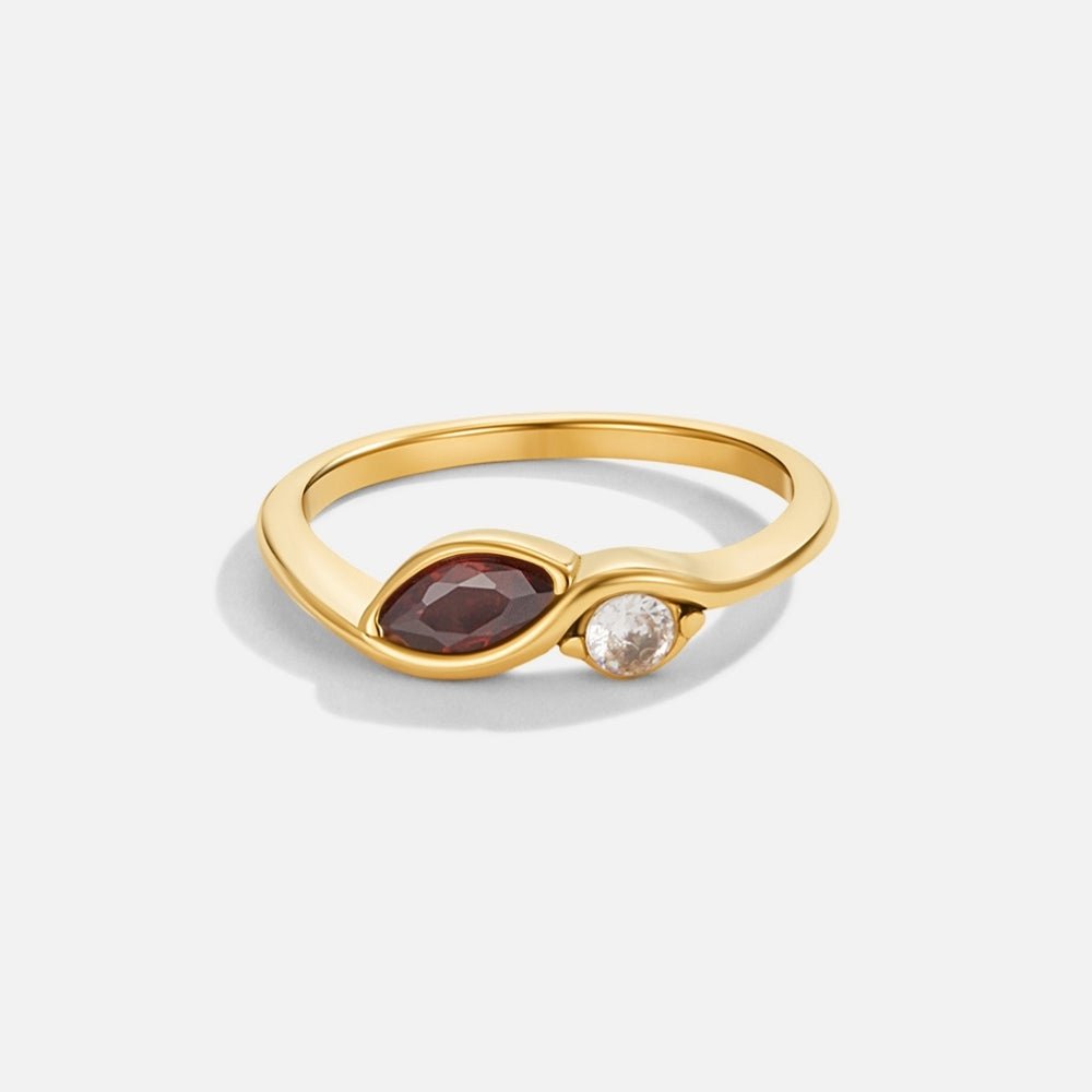 Infinity Crystal Red Garnet Ring, gold ring with marquise red stone and round clear stone on