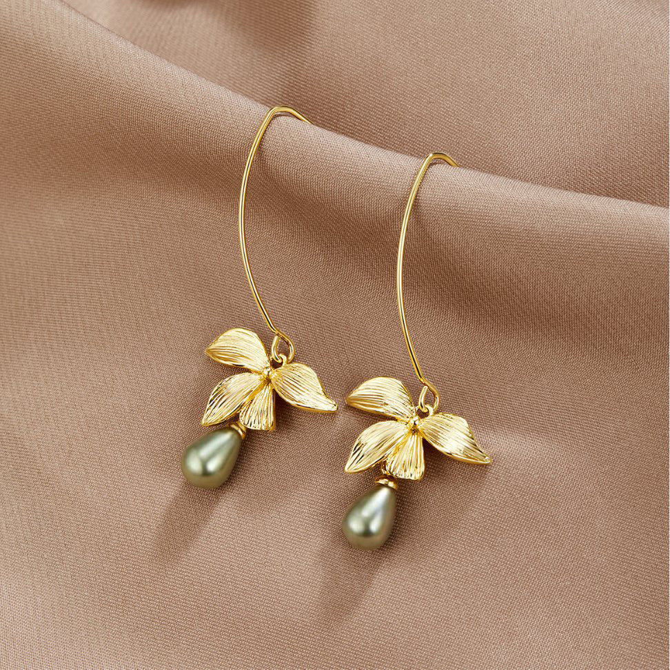 Jade Pearl & Petal Drop Earrings, pair of earrings on tan satin with gold petal tops and green