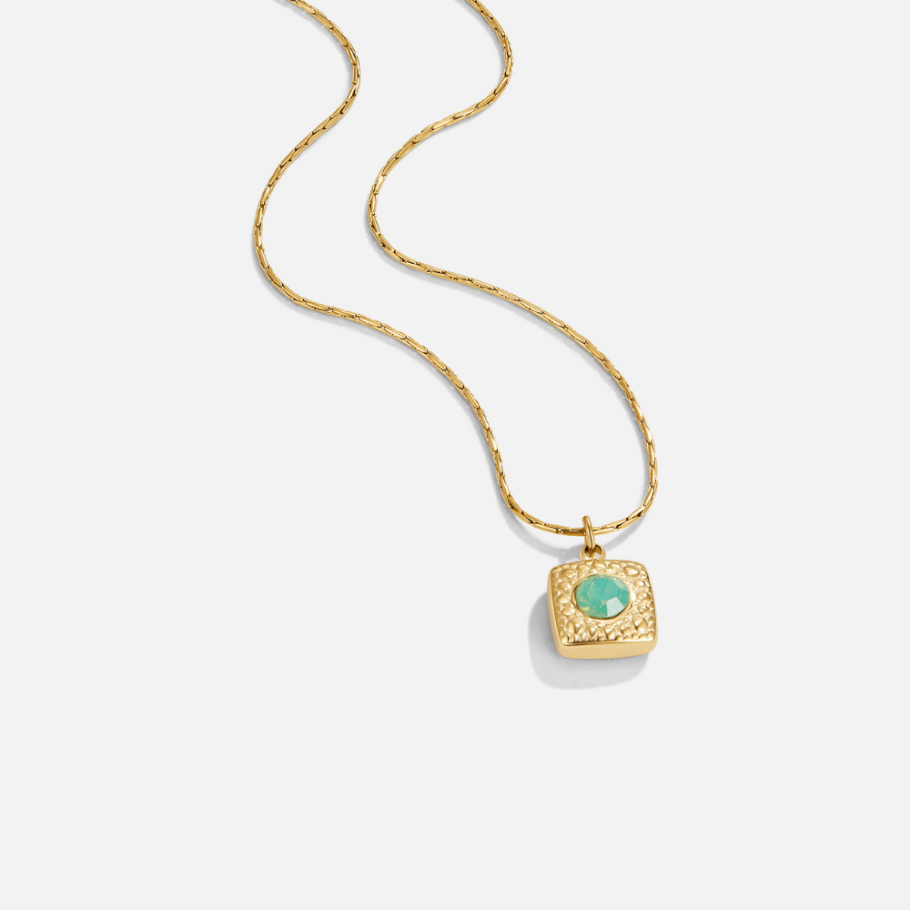 Lara Vintage Gold Necklace, gold chain necklace on white background, square pendant with green