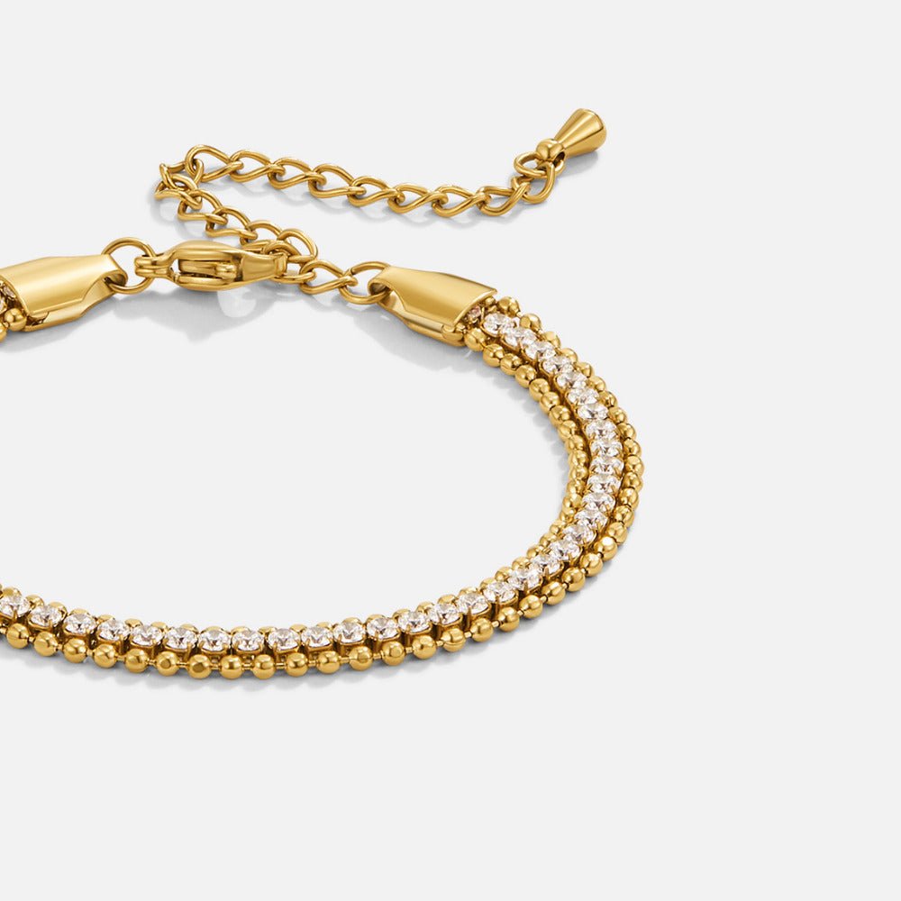 Layered Adison Crystal Bracelet, close-up of gold bracelet with crystal row and beaded chain