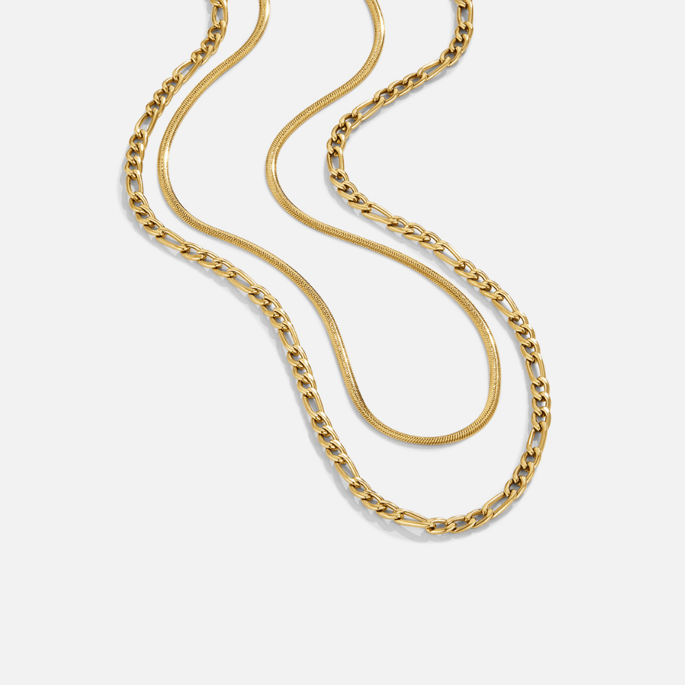 Layered Figaro Chain Necklace, two gold chains layered on a light grey background, one figaro