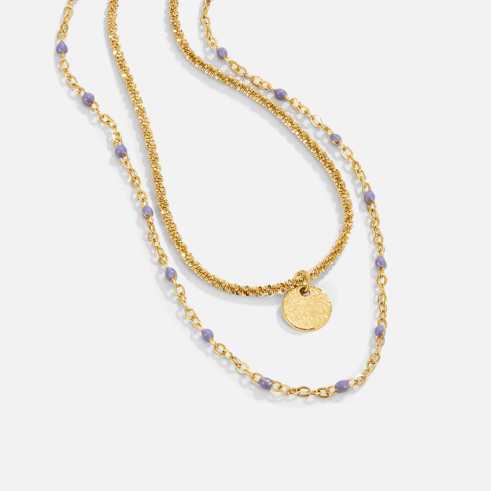 Lia Layered Gold Coin Bead Necklace, two gold chains on white, one with a textured coin pendant