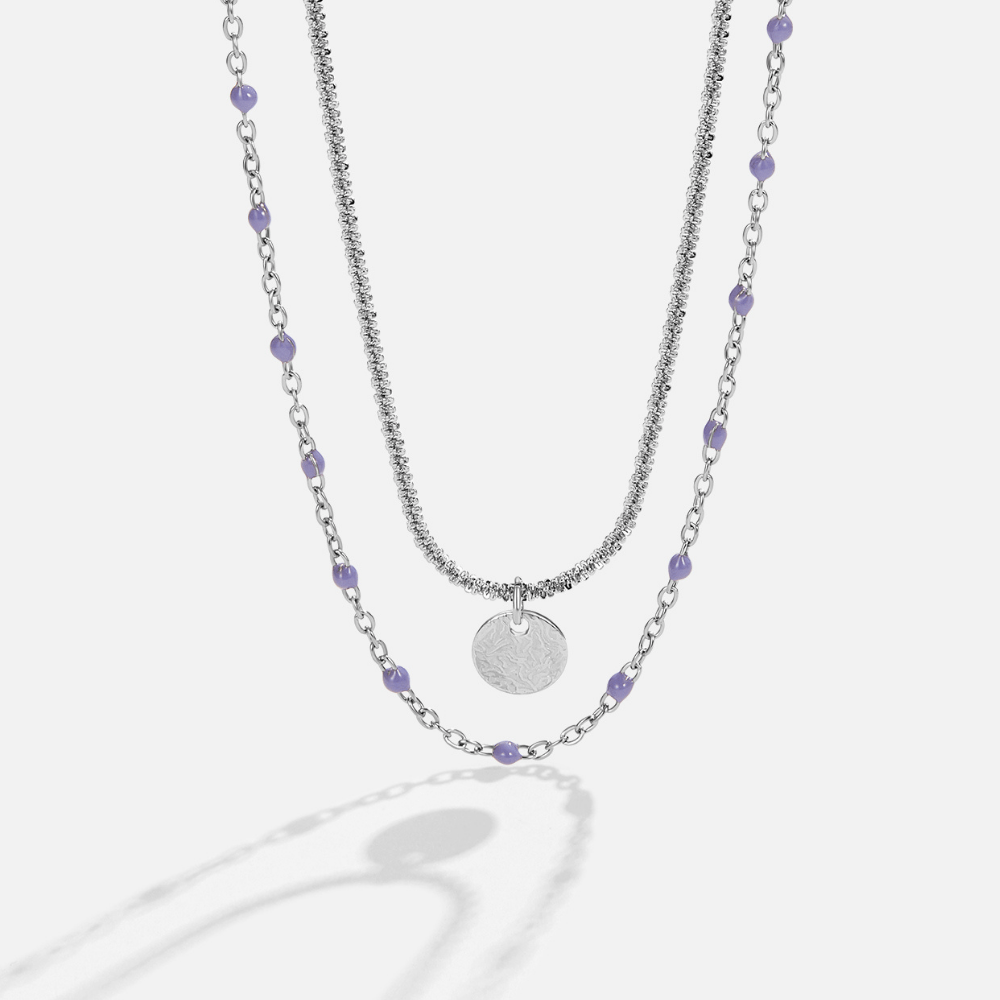 Lia Layered Silver Coin Bead Necklace, two layered silver necklaces, one with a textured coin