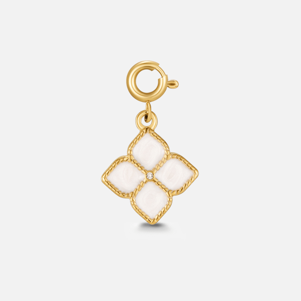 Lucky Crystal Clover Leaf Charm, gold charm with four white petals and a small centre stone