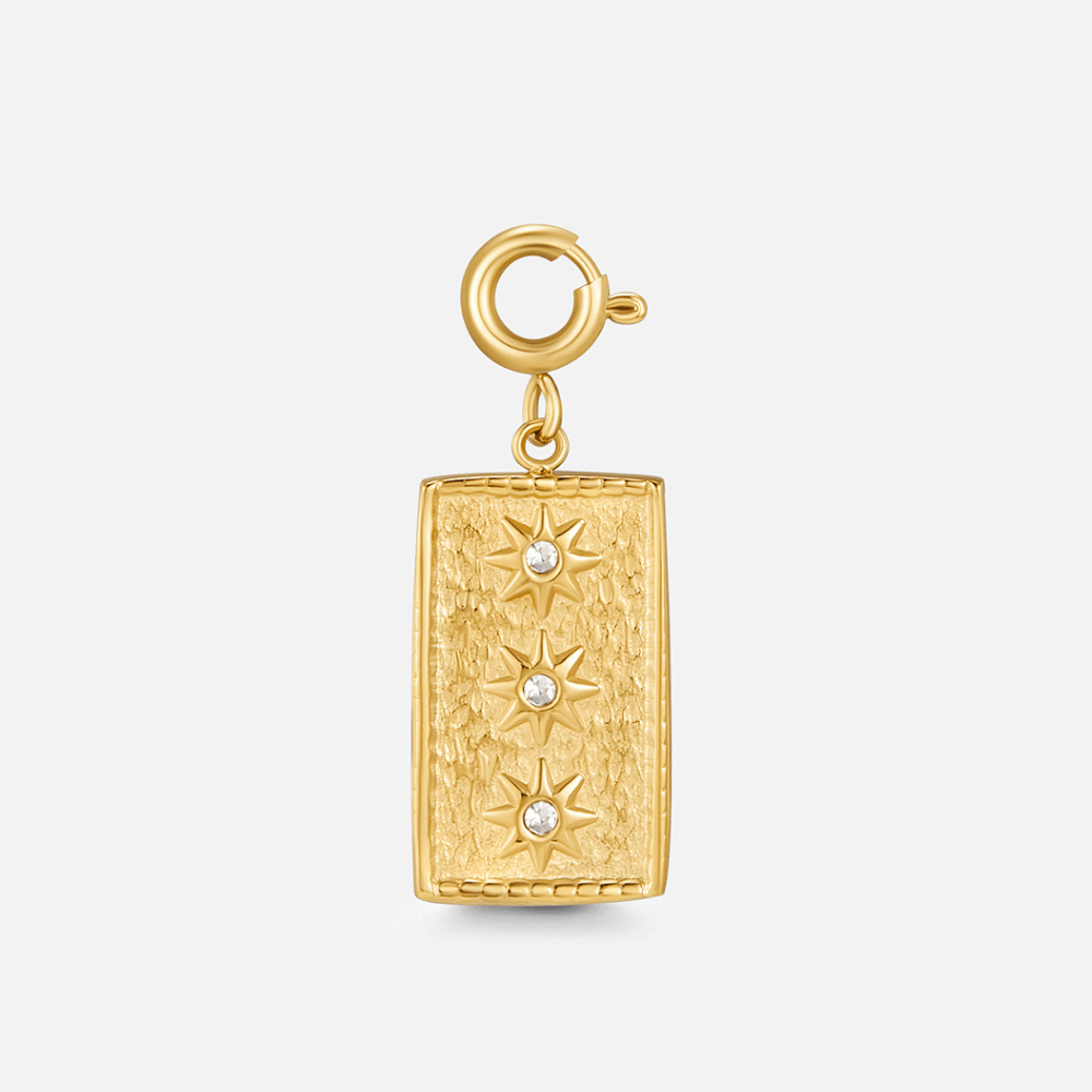 'Make A Wish' Star Charm, gold rectangular charm with three star motifs, each with a clear stone