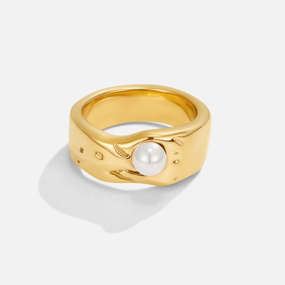 Malia Chunky Gold Pearl Ring, wide gold band with a single pearl set on the side