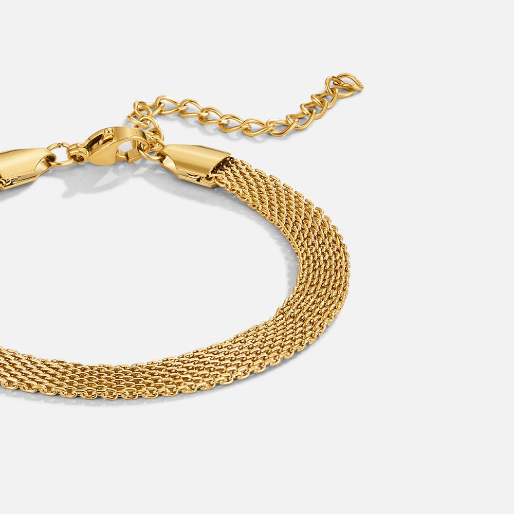 Molly Gold Mesh Chain Bracelet, flat on white, close-up of woven gold mesh and clasp