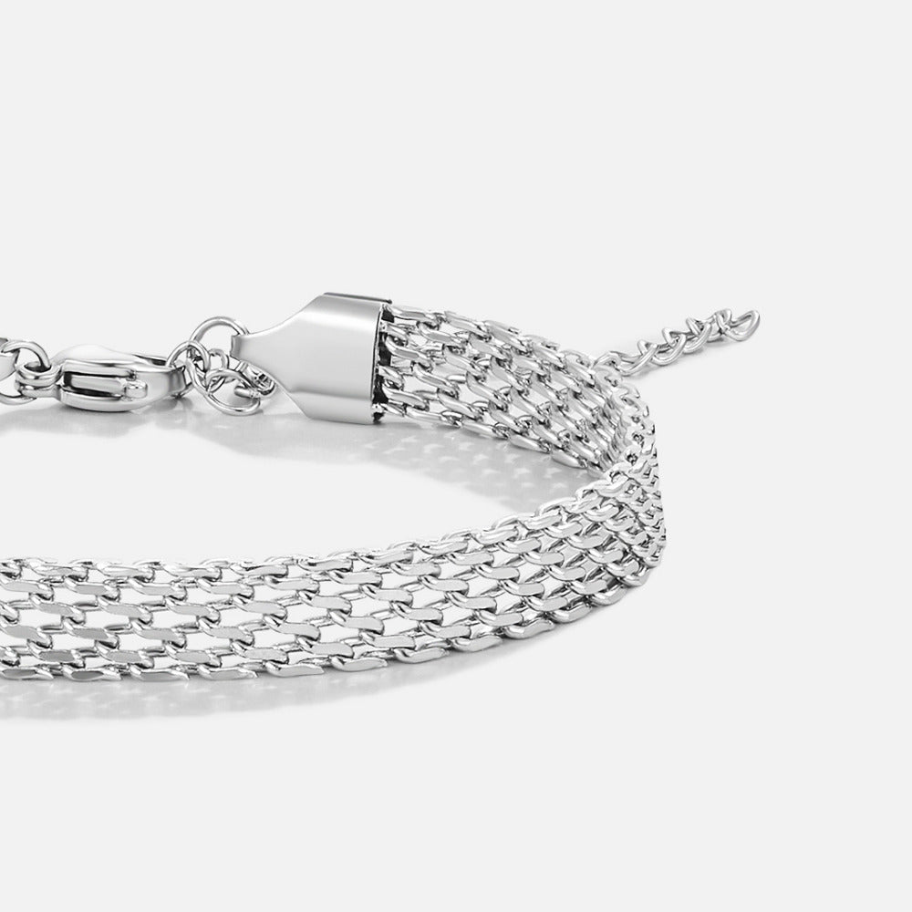 Molly Silver Mesh Chain Bracelet, close-up of a silver multi-strand mesh bracelet on white