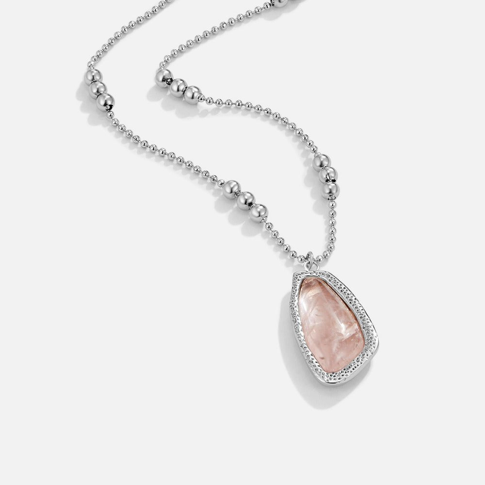 Moonstone Drop Pendant Necklace, silver bead chain with a pale pink stone pendant on white
