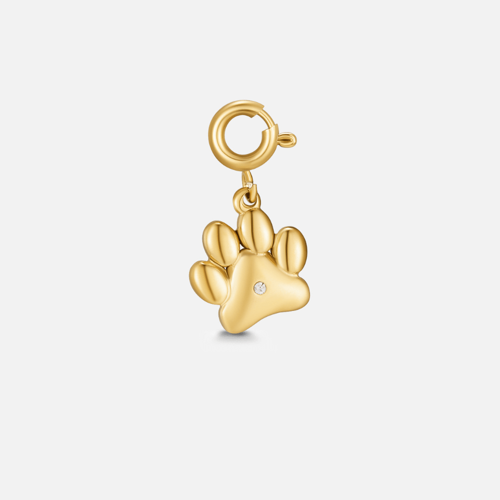 Paw Of Love Charm, gold paw print charm with a small clear stone, on a spring-ring clasp