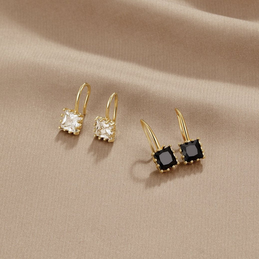 Piper Crystal Drop Earrings, two pairs of gold drop earrings, clear and black square stones