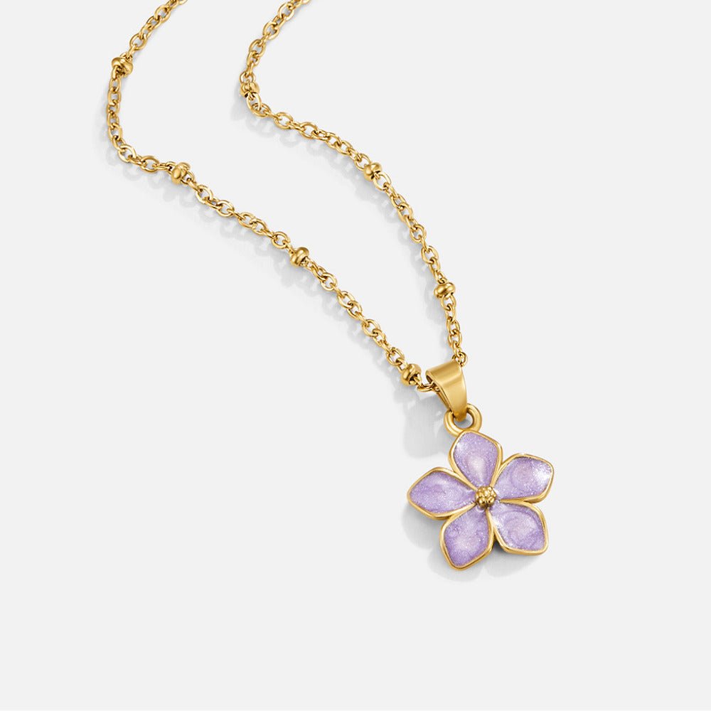 Purple Sakura Bloom Gold Necklace, gold chain necklace with a lilac five-petal flower pendant