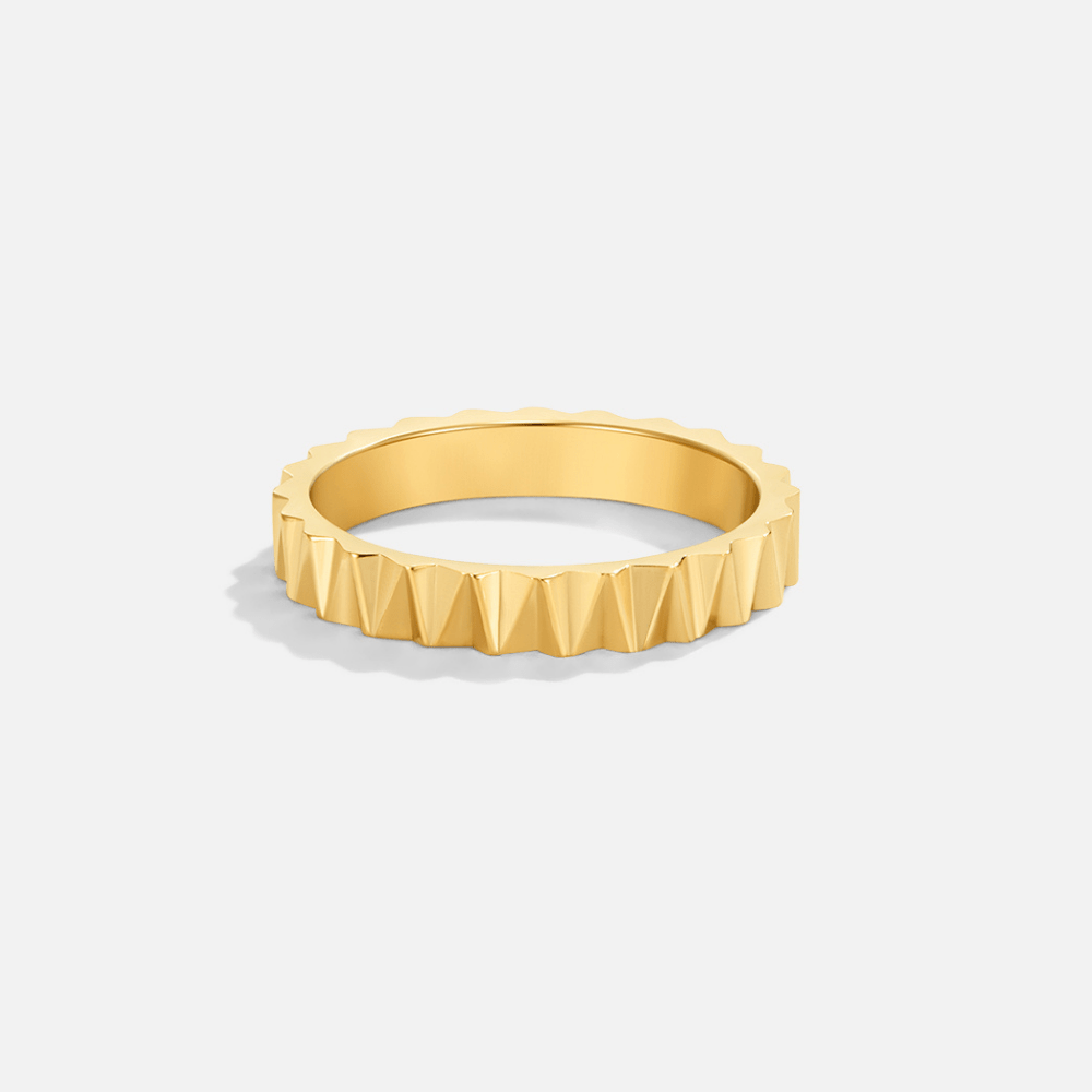 Reene Geometric Gold Ring, gold ring with a faceted, zigzag-ridged band on white background