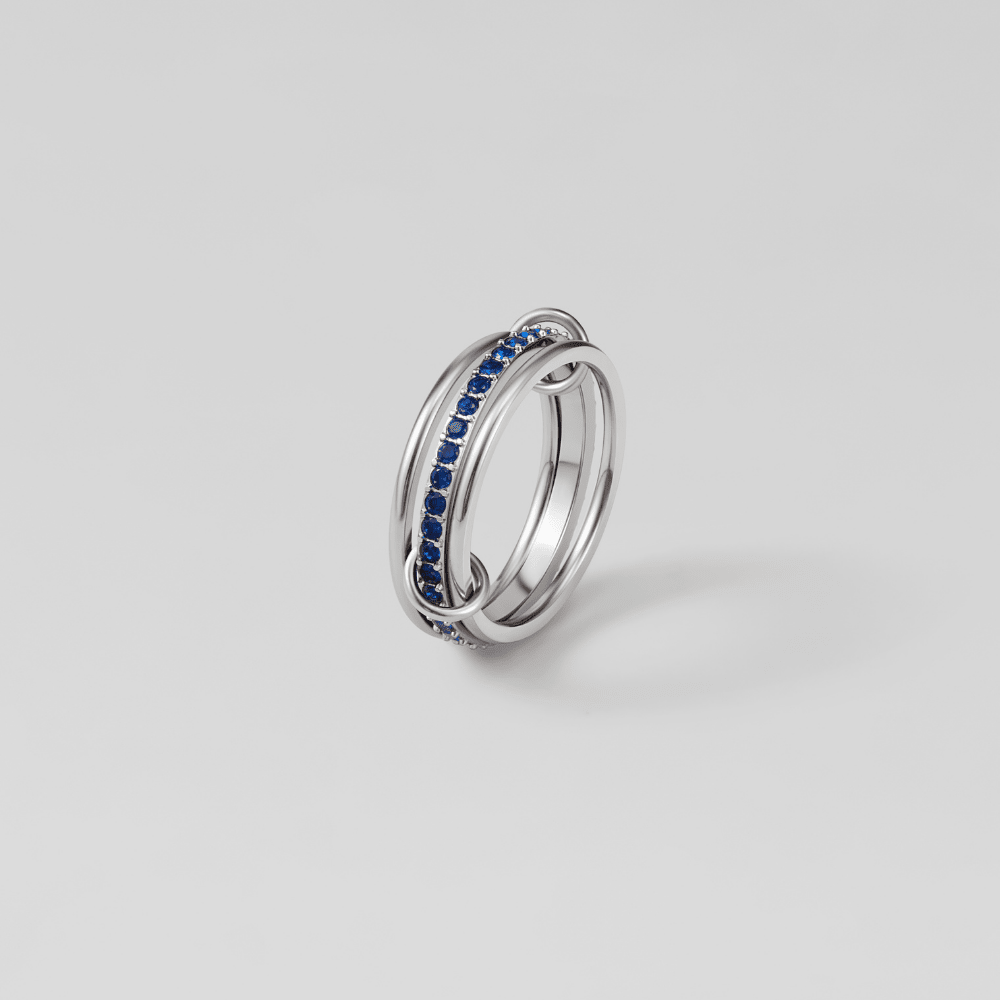 Silver Layered Kaili Blue Crystal Ring, standing ring of linked silver bands with blue stones