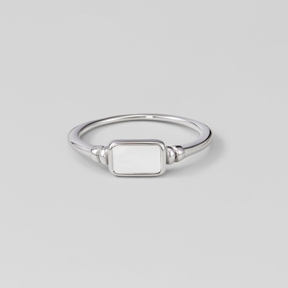 Silver Moonlight Pearl Shell Ring, silver ring with a rectangular white inlay on grey