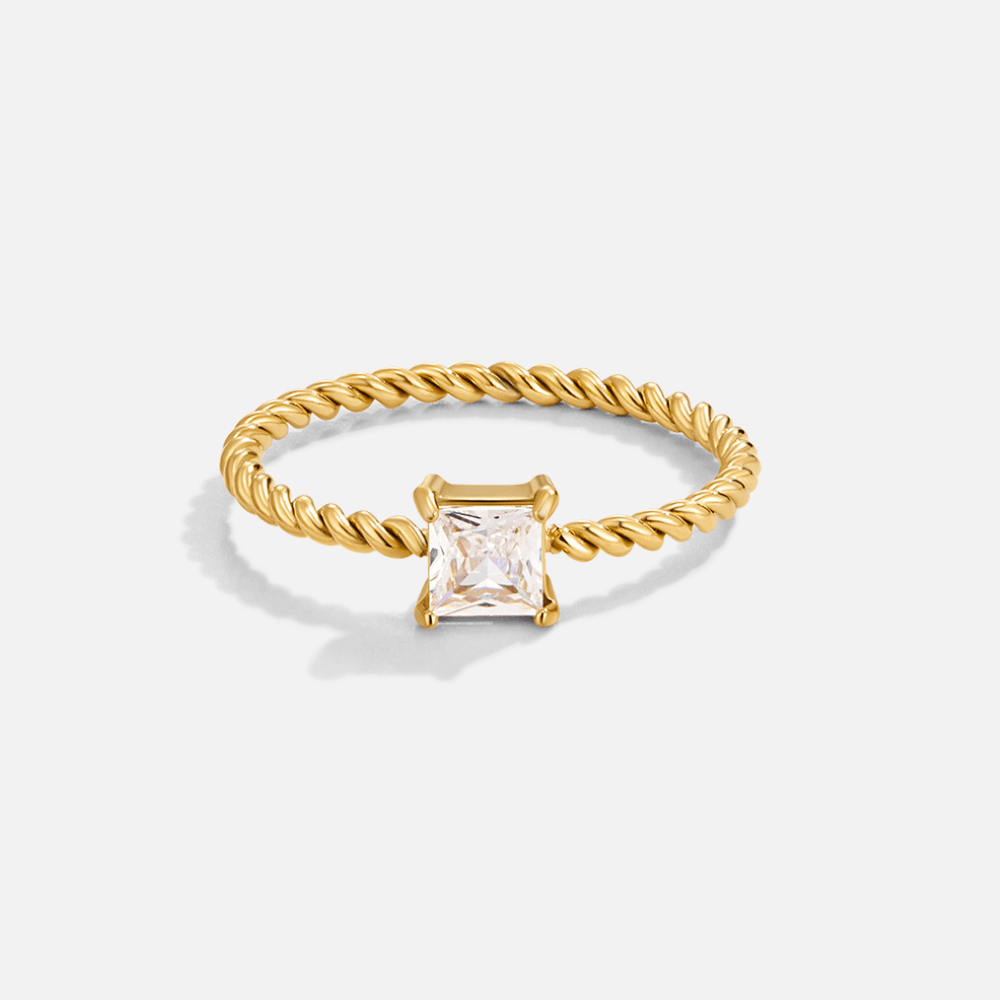Sofia Crystal Twisted Ring, gold twisted band with a square clear stone in four prongs