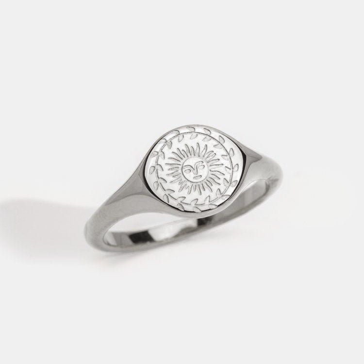 Summer Solstice Silver Ring, standalone silver signet ring, face engraved with a smiling sun