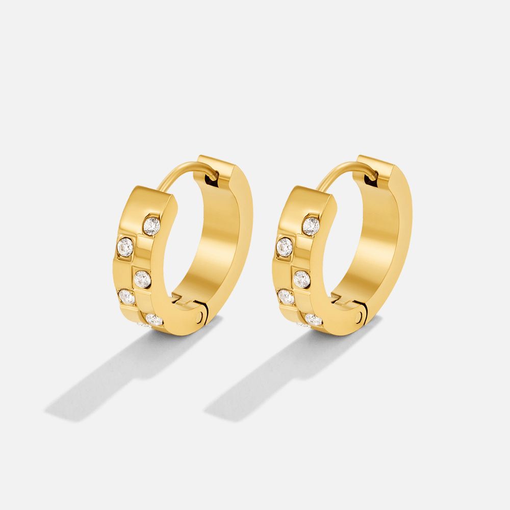 Tasha Crystal & Gold Hoop Earrings, pair of gold hoop earrings with small clear stones, on a