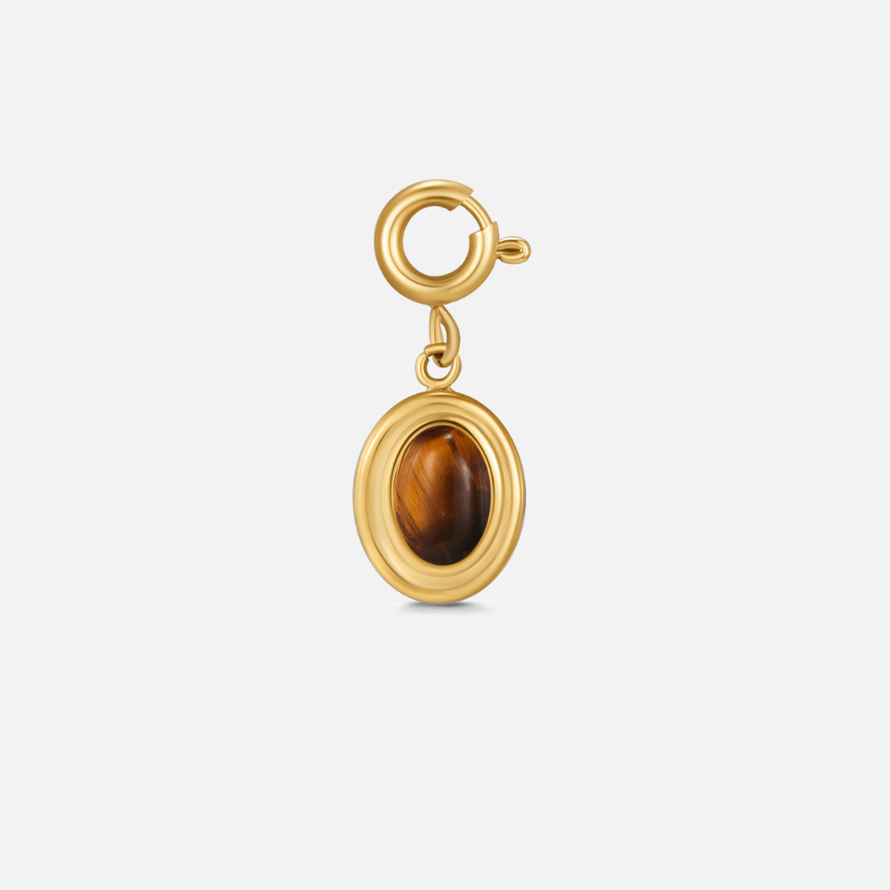 Tiger Eye Stone Charm, gold charm with spring clasp and oval tiger eye stone, on plain background