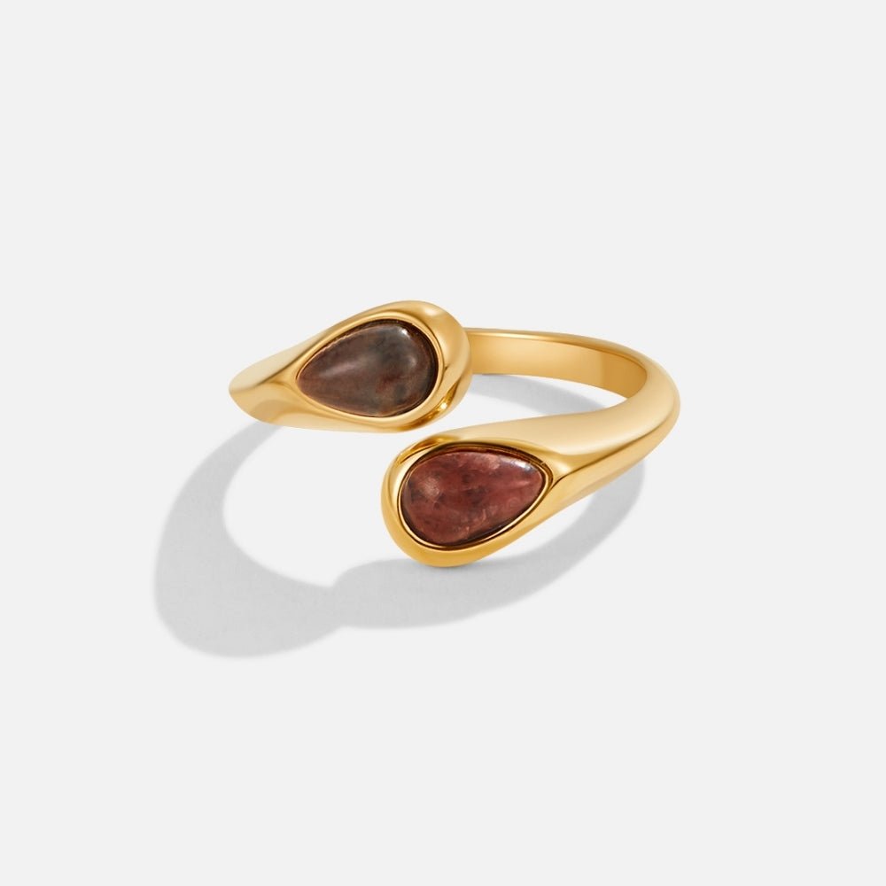 Tiger Eye Stone Wrap Ring, open wrap ring on white background with two teardrop stones