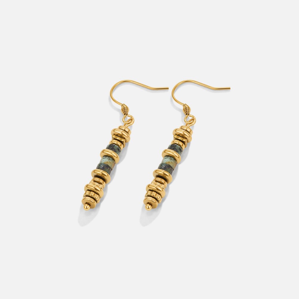 Turquoise Stone Drop Earrings, a pair of gold drop earrings with dark green stone beads, on a