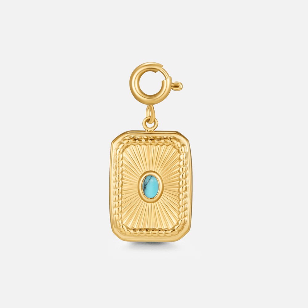 Turquoise Sunburst Charm, gold rectangular charm with sunburst ridges and oval turquoise centre