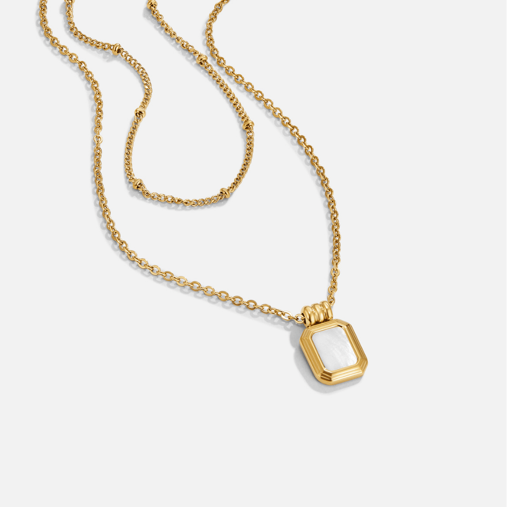 Valerie Layered White Pendant Necklace, two gold chains on white, with a white rectangular