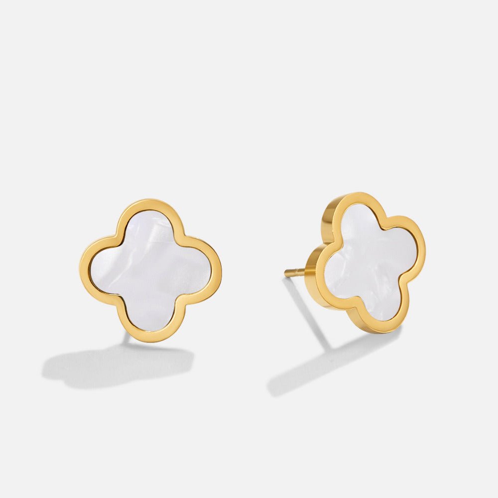 White Clover Stud Earrings, pair of gold clover studs with white mother-of-pearl centres